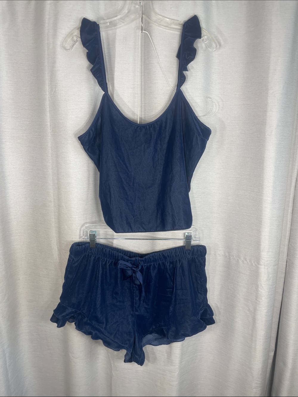 Vintage Victoria Secret Velvet Navy Ruffle Strap Tank & Shorts Sleep Set